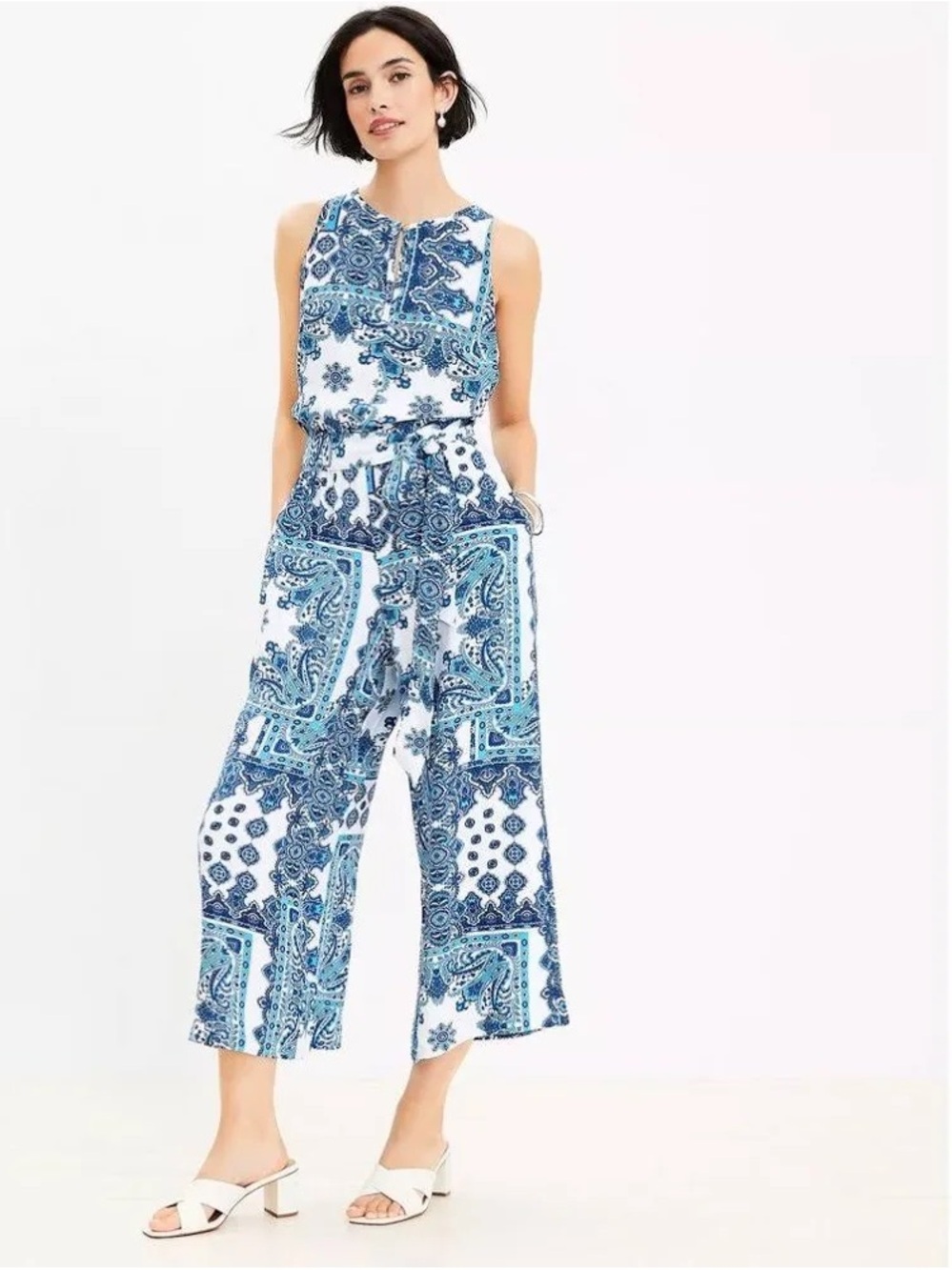 LOFT Blue & White Paisley-Print Wide-Leg Jumpsuit